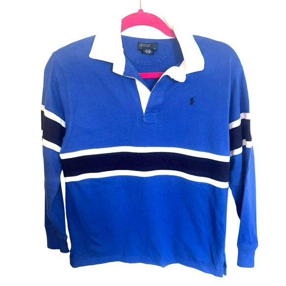 VTG Polo Ralph Lauren Boys L/S Rugby Shirt M Blue White Striped Preppy Academic - Picture 1 of 6